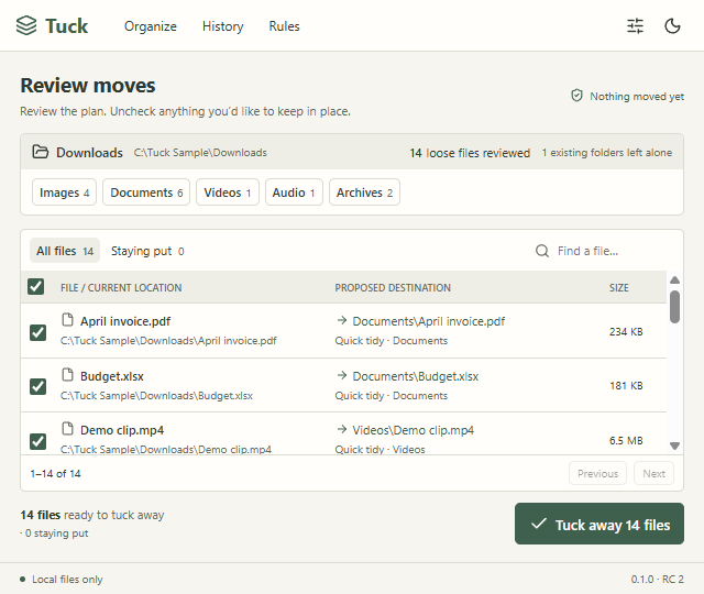Tuck’s compact file-sorting preview with sample files